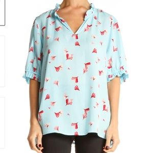 Banana Republic Light Blue & Reds Flutter Keyhole Blouse Size Small